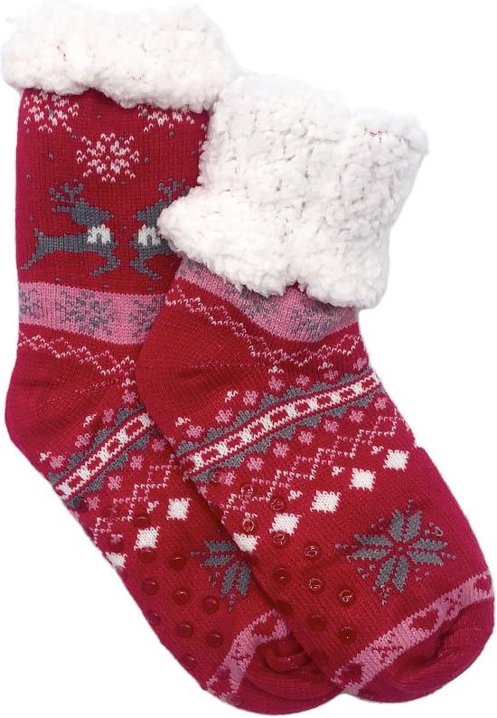 Merino schapen Wollen sokken - Rood met Hartjes - maat 39/42 - Huissokken - Antislip sokken - Warme sokken – Winter sokken