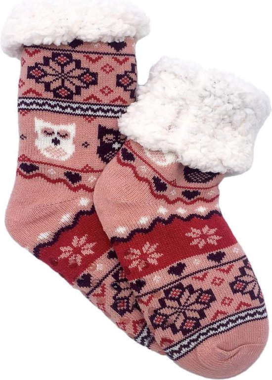 Merino Wollen sokken - Roze Rood met uiltjes - maat 35/38 - Huissokken - Antislip sokken - Warme sokken – Winter sokken