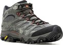Grijze Merrell wandelschoen met zwarte en rode veters en Gore-Tex.