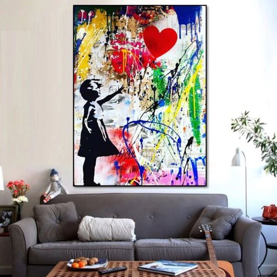 Allernieuwste.nl® Peinture sur toile Banksy Girl with Balloon Grafitti - Girl - Ballon - Poster - Reproduction - 50 x 70 cm - Couleur