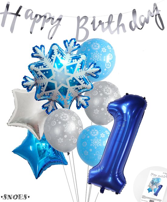Cijferballon 1 Blauw - Frozen - Ijssterren - Ballonnen Pluspakket - Slinger Feestvieren - Verjaardag Snoes