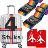 BOTC Kofferriem met Cijfer Slot - 4 stuks - 2 Kofferriem met cijferslot + 2 bagagelabels - 200 cm * 5 cm - Bagage Riem - Bagageband - Verstelbaar - Rainbow