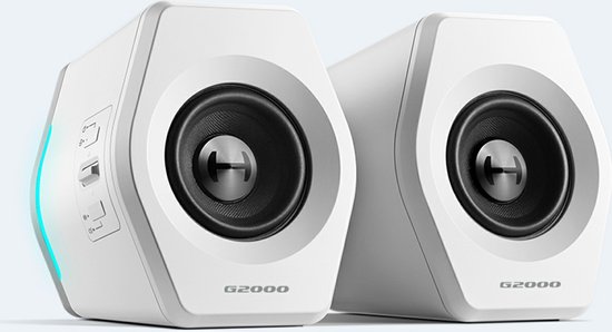 Paar witte G2000 speakers met blauwe LED-randen en grijze metalen accenten.