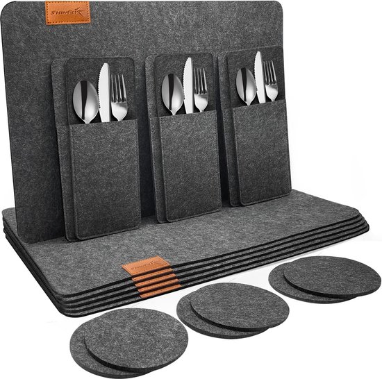 Set van 18 vilten placemats, placemats, wasbaar (44 x 32 cm), 6 vilten onderzetters, 6...