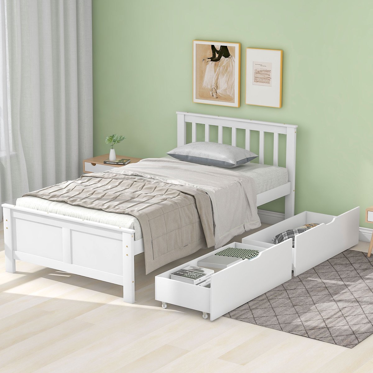 Houten eenpersoonsbed- jeugdbed volwassenenbed met opbergladen onder het bed- frame van grenenhout-wit (90x200cm)