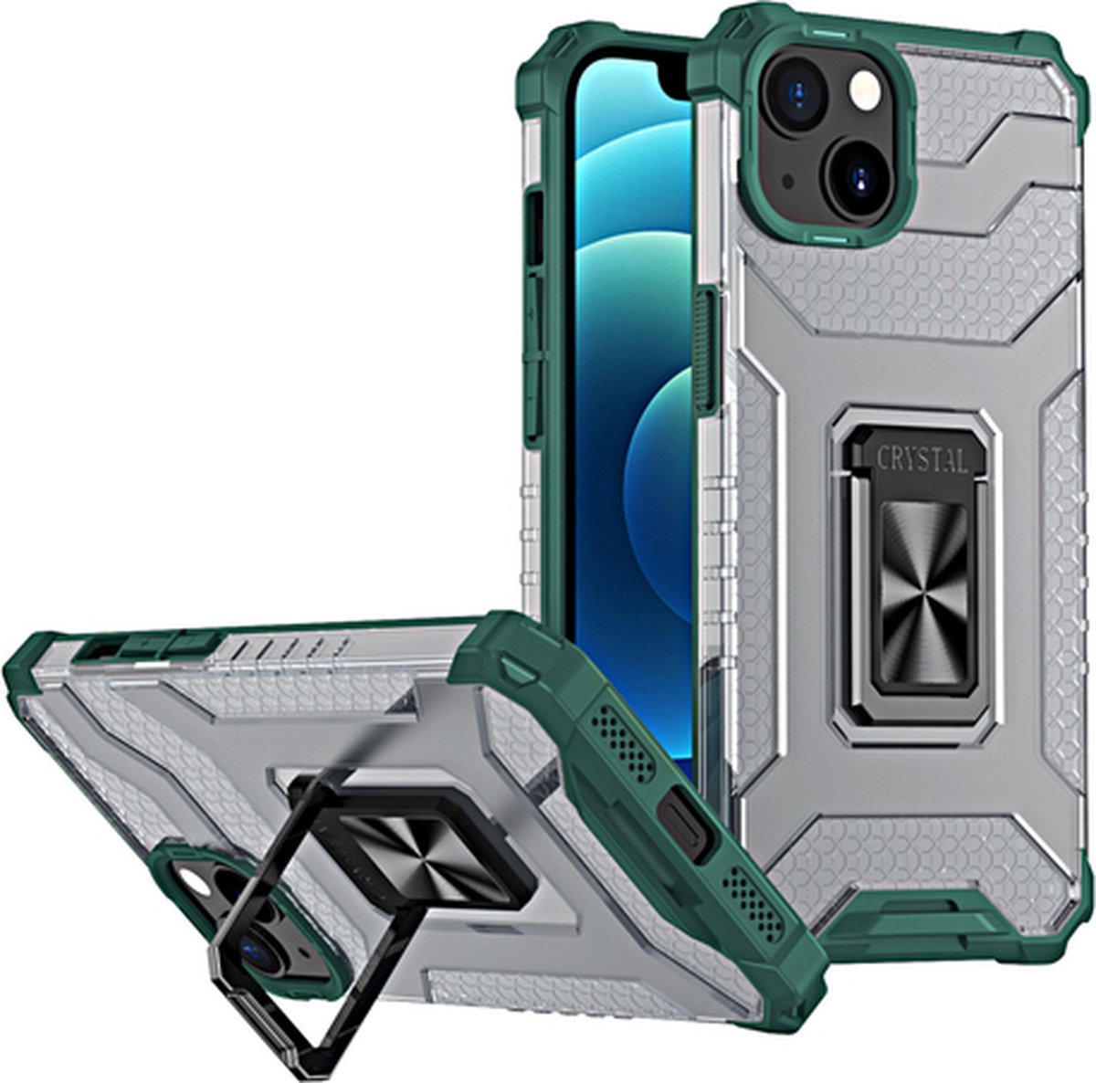 Crystal Ring Case Kickstand Tough Rugged Cover geschikt voor iPhone 13 mini groen