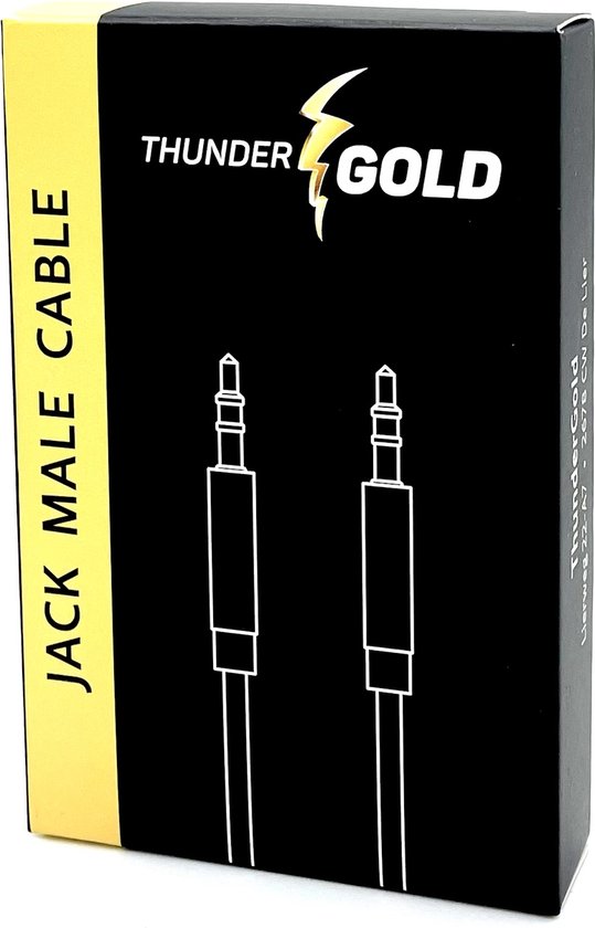 Boîte noire pour 'ThunderGold JACK MALE CABLE' avec une bande verticale jaune et des illustrations de fiches jack.