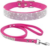 Schattig oogverblindend sprankelend elegant fancy zacht suède leer bling strass kristal juwelen huisdier kat hond puppy halsband hondenriem combo set (L, roze, roze)