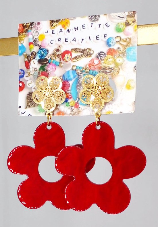 Jeannette-Creatief® - Resin - Rode en Gouden Bloemen - Oorbellen met Bloemen - Bloemen - Bloem - Rode Oorbellen - Bloem Oorknoppen - Gouden RVS Oorknoppen - Bloem Oorbellen - Flower Power