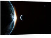 PVC Schuimplaat - Maan langs de Aarde in het Heelal - 105x70 cm Foto op PVC Schuimplaat (Met Ophangsysteem)