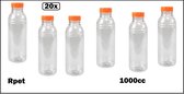 20x Flesje helder 1000cc met oranje dop- vernieuwd - gerecycled PET drinken jus sinas cola sappen dranken