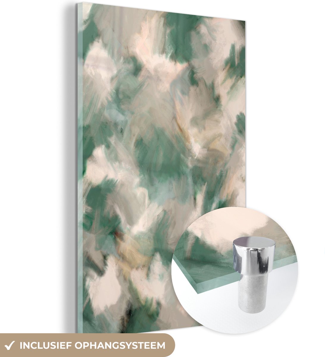 MuchoWow® Glasschilderij 40x60 cm - Schilderij acrylglas - Groen - Patroon - Verf - Abstract - Foto op glas - Schilderijen