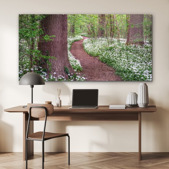 MuchoWow® Glasschilderij 160x80 cm - Schilderij acrylglas - Bos - Pad - Bloemen - Wit - Foto op glas - Schilderijen