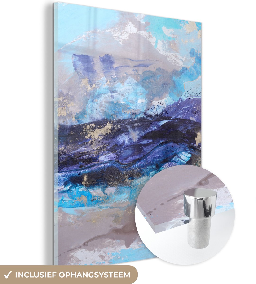 MuchoWow® Glasschilderij 60x80 cm - Schilderij acrylglas - Abstract - Grijs - Blauw - Verf