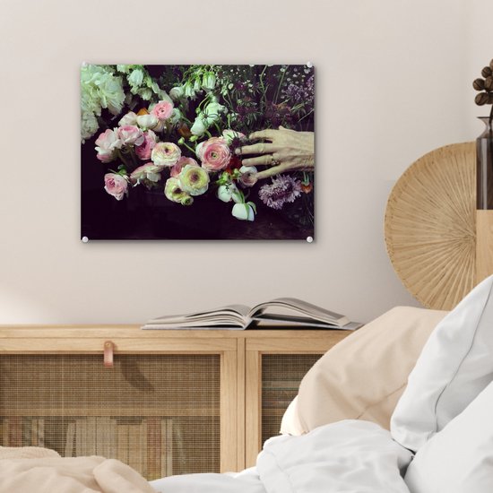 MuchoWow® Peinture sur verre 40x30 cm - Peinture sur verre acrylique - Les fleurs aux couleurs pastel sur fond noir - Photo sur verre - Peintures