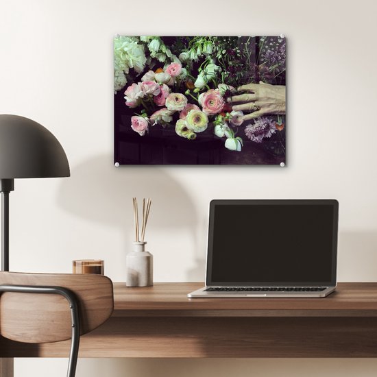 MuchoWow® Peinture sur verre 40x30 cm - Peinture sur verre acrylique - Les fleurs aux couleurs pastel sur fond noir - Photo sur verre - Peintures