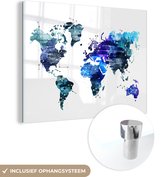 MuchoWow® Glasschilderij 120x90 cm - Schilderij acrylglas - Wereldkaart - Sterren - Blauw - Foto op glas - Schilderijen