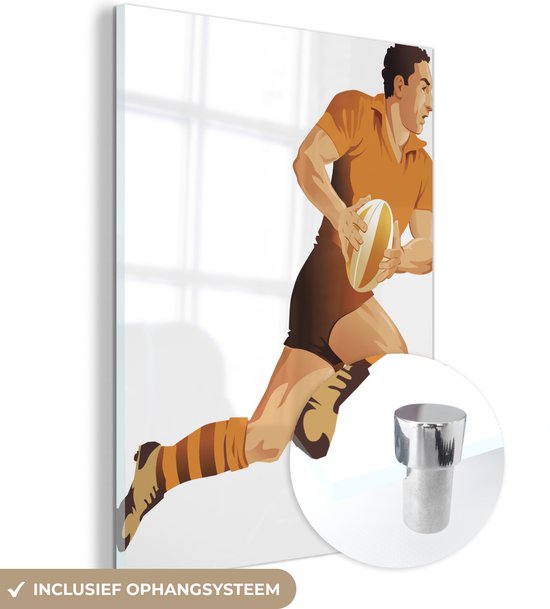 MuchoWow® Glasschilderij 30x40 cm - Schilderij acrylglas - Een illustratie van een rugby speler - Foto op glas - Schilderijen