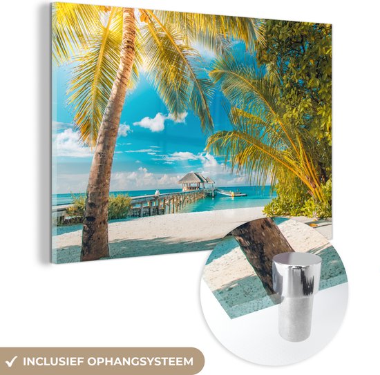 MuchoWow® Glasschilderij 120x80 cm - Schilderij acrylglas - Tropisch - Strand - Palmboom - Foto op glas - Schilderijen