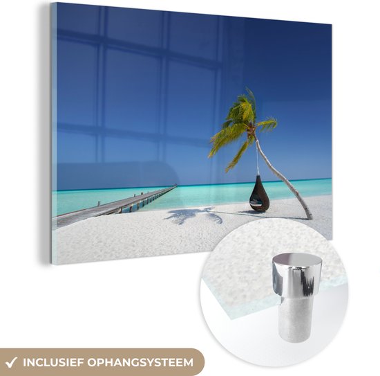 MuchoWow® Glasschilderij 30x20 cm - Schilderij acrylglas - Hangmat - Palmboom - Strand - Foto op glas - Schilderijen