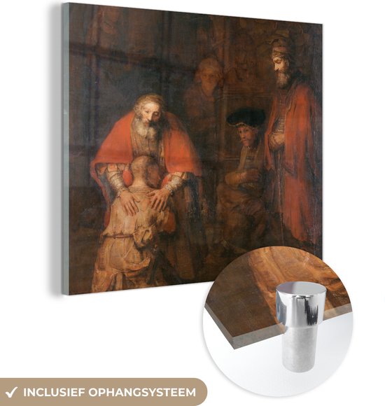 MuchoWow® Glasschilderij 50x50 cm - Schilderij acrylglas - Terugkeer van de verloren zoon - Schilderij van Rembrandt van Rijn - Foto op glas - Schilderijen