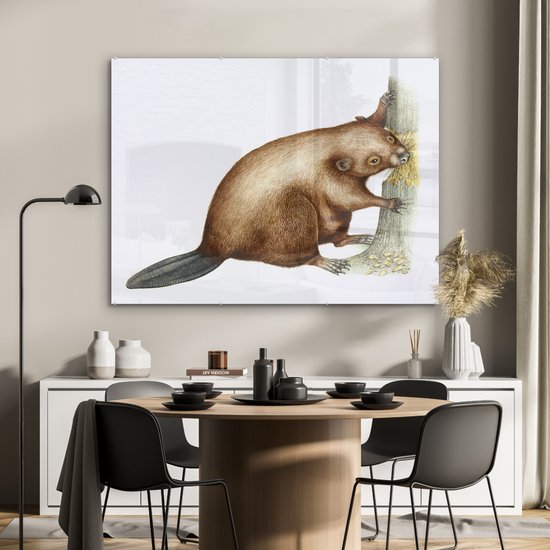 MuchoWow® Glasschilderij 120x90 cm - Schilderij acrylglas - Illustratie knagende bever - Foto op glas - Schilderijen