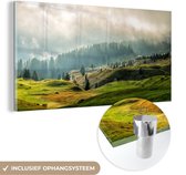 MuchoWow® Glasschilderij 120x60 cm - Schilderij acrylglas - Alpen - Bos - Bomen - Foto op glas - Schilderijen