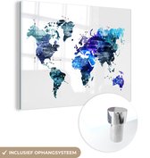 MuchoWow® Glasschilderij 80x60 cm - Schilderij acrylglas - Wereldkaart - Sterren - Blauw - Foto op glas - Schilderijen