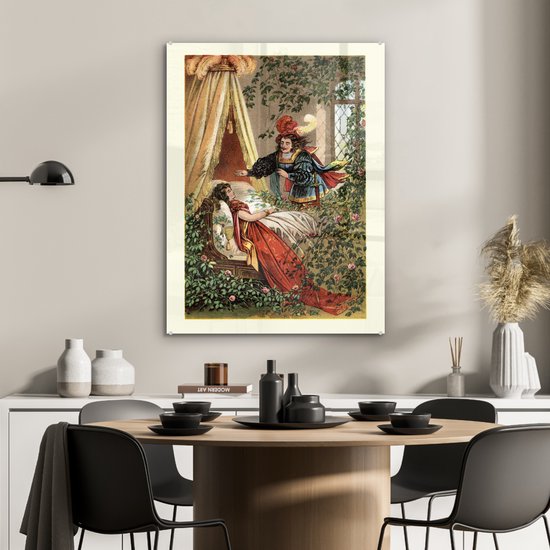 Peinture sur verre MuchoWow® 60x80 cm - Peinture acrylique sur verre - Illustration colorée de La Belle au bois dormant - Photo sur verre - Peintures