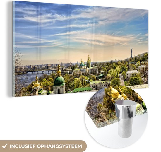 MuchoWow® Glasschilderij 80x40 cm - Schilderij acrylglas - Kiev - Skyline - Wolken - Foto op glas - Schilderijen