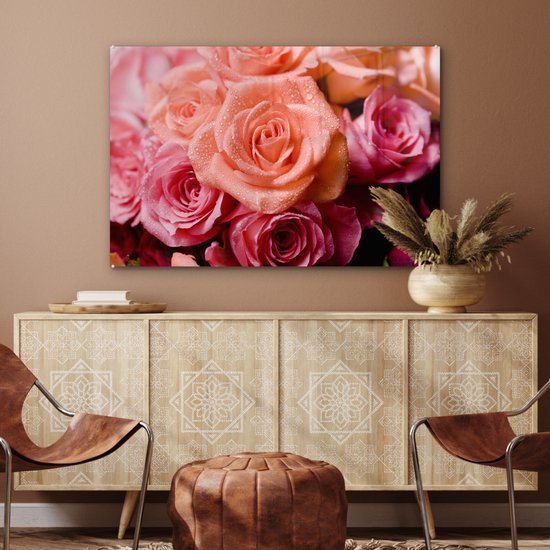 ® Glasschilderij 120x80 cm - Schilderij acrylglas - Natte rozen met dauw - Foto op glas - Muurdecoratie woonkamer - Wanddecoratie slaapkamer - Schilderijen