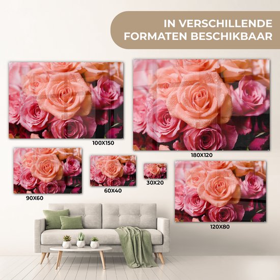 ® Glasschilderij 120x80 cm - Schilderij acrylglas - Natte rozen met dauw - Foto op glas - Muurdecoratie woonkamer - Wanddecoratie slaapkamer - Schilderijen