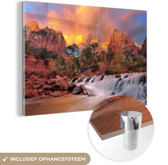 Peinture sur verre - Cascade sous le soleil du soir dans le parc national de Zion dans l'Utah - 180x120 cm - Peintures sur verre acrylique - Photo sur Glas