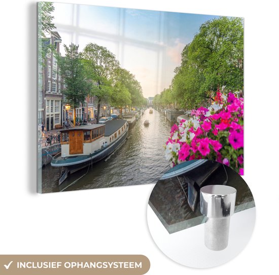 MuchoWow® Glasschilderij 30x20 cm - Schilderij acrylglas - Kleurrijke foto van de Prinsengracht van Amsterdam - Foto op glas - Schilderijen