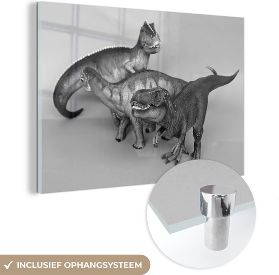 MuchoWow® Glasschilderij 120x80 cm - Schilderij acrylglas - Speelgoed dinosauriërs - zwart wit - Foto op glas - Schilderijen