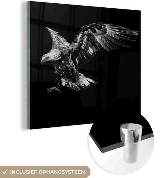 MuchoWow® Glasschilderij 90x90 cm - Schilderij acrylglas - Adelaar - Vogel - Zwart - zwart wit - Foto op glas - Schilderijen