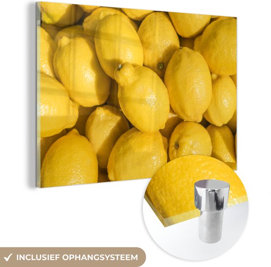 MuchoWow® Glasschilderij 180x120 cm - Schilderij acrylglas - Hoopje citroenen zo geel als de zon - Foto op glas - Schilderijen
