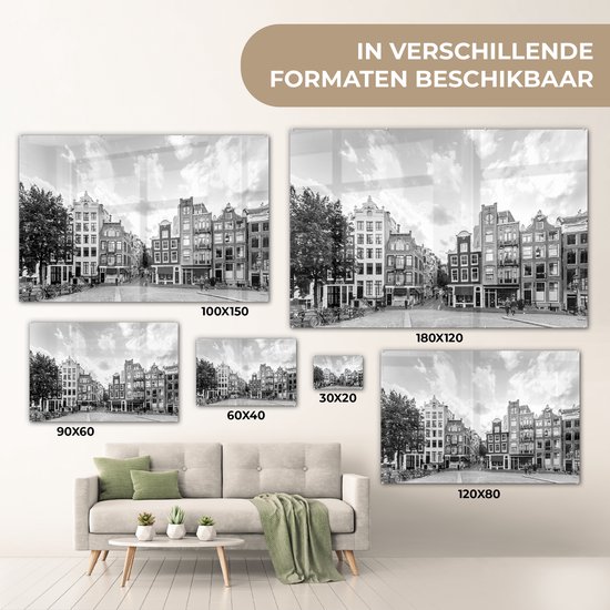 MuchoWow® Peinture sur verre 120x80 cm - Peinture sur verre acrylique - Maisons de canal Amsterdam - noir et blanc - Photo sur verre - Peintures