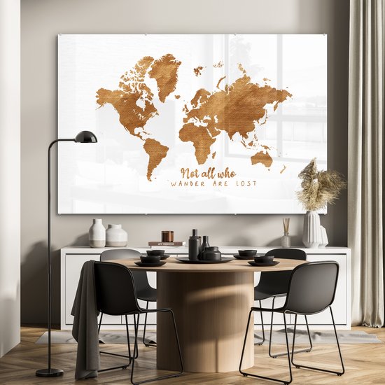 Peinture sur Verre - Carte du Wereldkaart - Bronze - Corde - 180x120 cm - Peintures sur Verre Peintures - Photo sur Glas