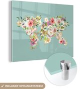 MuchoWow® Glasschilderij 160x120 cm - Schilderij acrylglas - Wereldkaart - Bloemen - Pastel - Foto op glas - Schilderijen