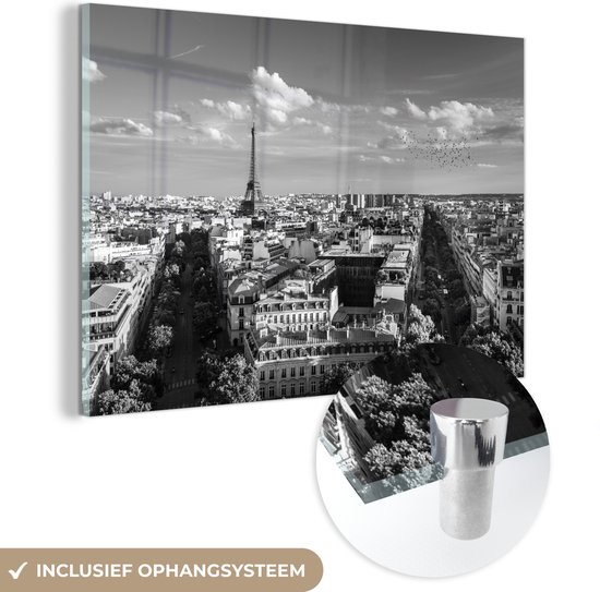 MuchoWow® Glasschilderij 60x40 cm - Schilderij acrylglas - Frankrijk - Zwart - Wit - Eiffeltoren - Foto op glas - Schilderijen