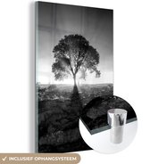 MuchoWow® Glasschilderij 20x30 cm - Schilderij acrylglas - Zonnestralen langs een boom op een mistige ochtend - zwart wit - Foto op glas - Schilderijen