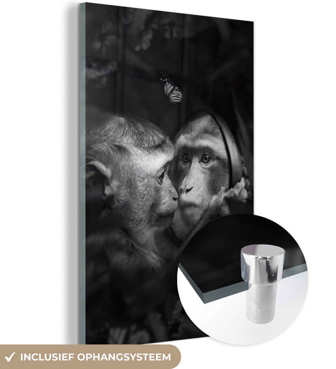 ® Glasschilderij 40x60 cm - Schilderij acrylglas - Aap - Jungle - Spiegel - Vlinder - Foto