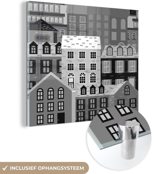 MuchoWow® Glasschilderij 50x50 cm - Schilderij acrylglas - Patroon van huizen in de stad - zwart wit - Foto op glas - Schilderijen