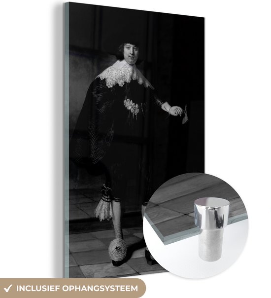 MuchoWow® Glasschilderij 120x180 cm - Schilderij acrylglas - Het huwelijksportret van Marten Soolmans - Schilderij van Rembrandt van Rijn - zwart wit - Foto op glas - Schilderijen