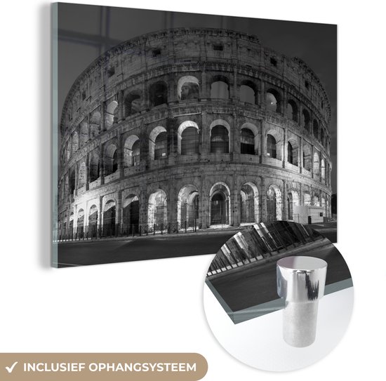 MuchoWow® Glasschilderij 30x20 cm - Schilderij acrylglas - Colosseum in Rome - zwart wit - Foto op glas - Schilderijen