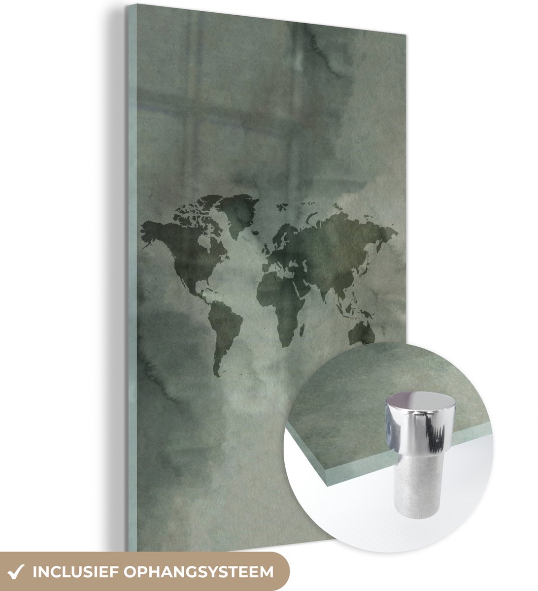 ® Glasschilderij 80x120 cm - Schilderij acrylglas - Wereldkaart - Aquarelverf - Groen - Grijs - Foto op glas - Muurdecoratie woonkamer - Wanddecoratie slaapkamer - Schilderijen