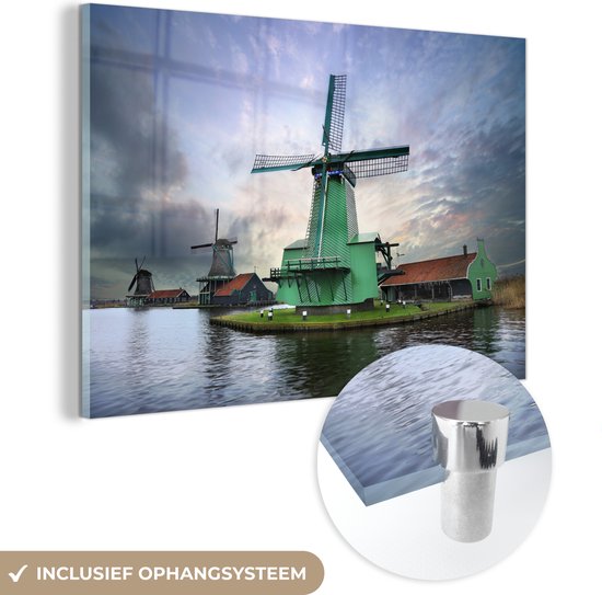 Peinture sur verre - Moulins à Moulins à vent à Zaandam au coucher du soleil - 180x120 cm - Peintures sur verre acrylique - Photo sur Glas