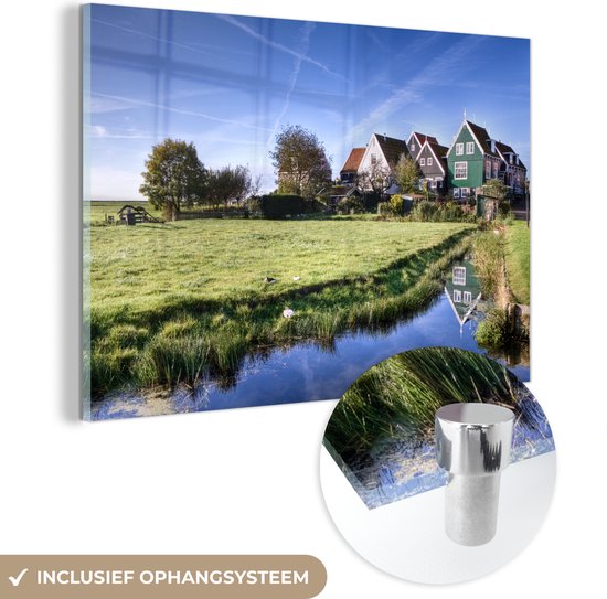 MuchoWow® Glasschilderij 60x40 cm - Schilderij acrylglas - Nederlands landschap met typisch Hollandse huizen - Foto op glas - Schilderijen