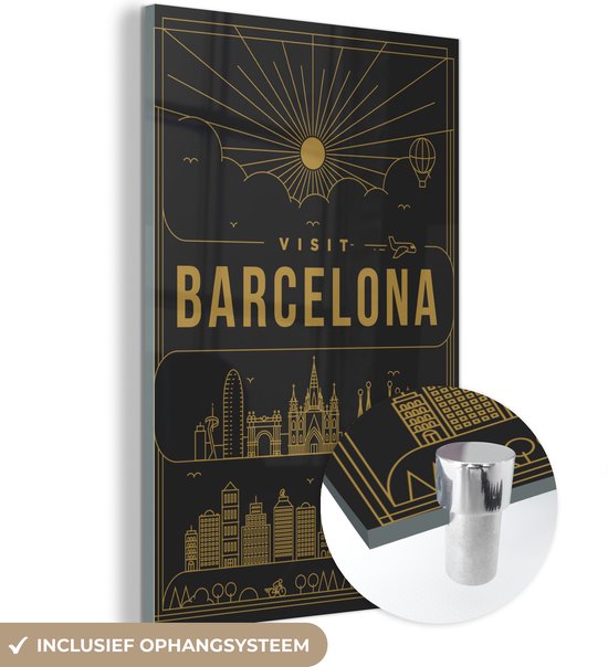 MuchoWow® Glasschilderij 40x60 cm - Schilderij acrylglas - Stadsaanzicht Barcelona - zwart - Foto op glas - Schilderijen